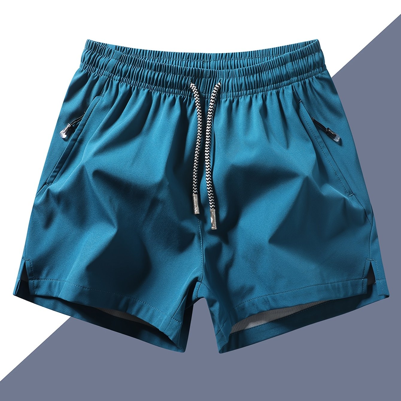 Men's Quick-Dry Athletic Shorts - Lightweight, Loose Fit with Zipper Pockets, Drawstring Waist, Solid Black Polyester Blend, Ideal for Beach & Casual Wear