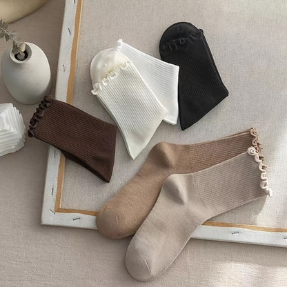 6 Pairs Women's Solid Color Mid-Calf Socks with Ruffled Trim - Soft Stackable Ribbed Texture, 6 Neutral Tones for Casual & Formal Outfits, Comfortable Casual Attire, Cute Socks, Elegant Sock Design