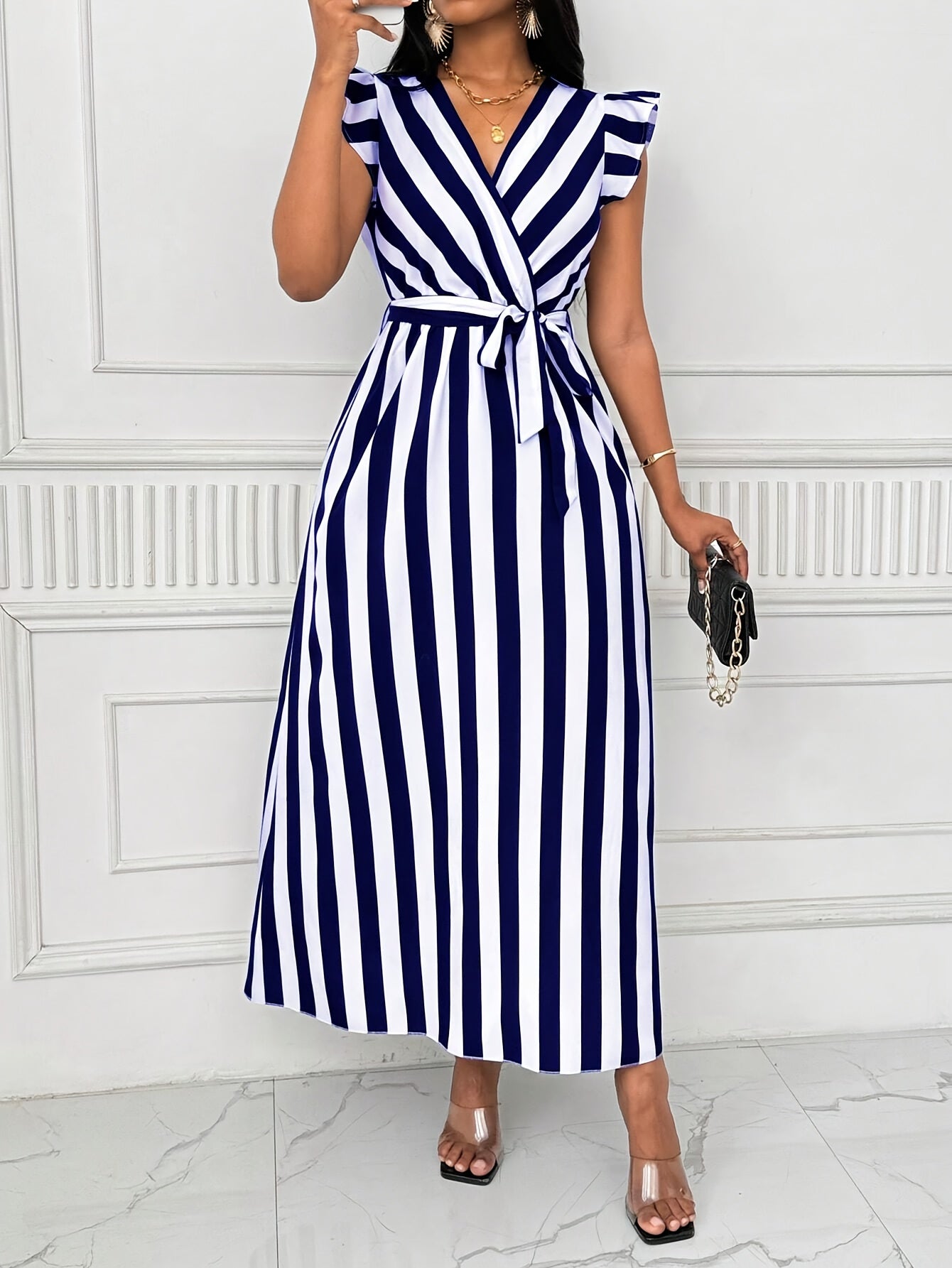 Women's V-Neck Striped Maxi Dress | Polyester A-Line with Ruffle Sleeves and Tie Waist Belt | All-Season, Machine Washable | Elegant Blue & White Vertical Stripes | Casual to Formal Wear