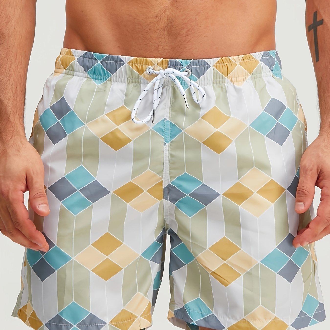 Men's Quick-Dry Swim Trunks with Geometric Pattern - Stylish Drawstring Beach Shorts, Polyester, Machine Washable, in Blue/White/Gray for Surfing & Water Sports