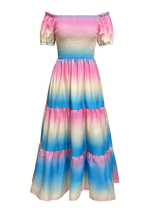 Elegant Off-Shoulder Gradient Color Maxi Dress - Flowy Ruffle Trim, High-Low Hem, Lightweight Polyester, Perfect for Summer & Vacation Style, Casual Summer Dresses