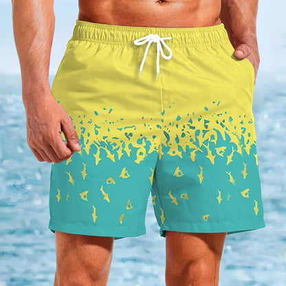 Men'S Beach Shorts Featuring a Colorful 3D Print Design of a Small Shark, Quick-Drying Drawstring Swim Trunks Suitable for Summer Outdoor Activities, Beach Vacations, Swimming, And Surfing (Middle East).