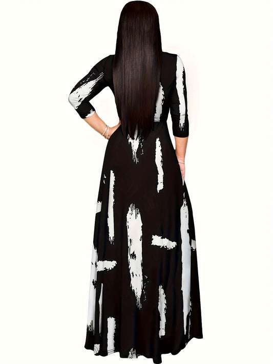 Elegant V-Neck Women's Maxi Dress with Belt - Mid-Sleeve, Printed Design, Machine Washable - Perfect for Spring & Summer