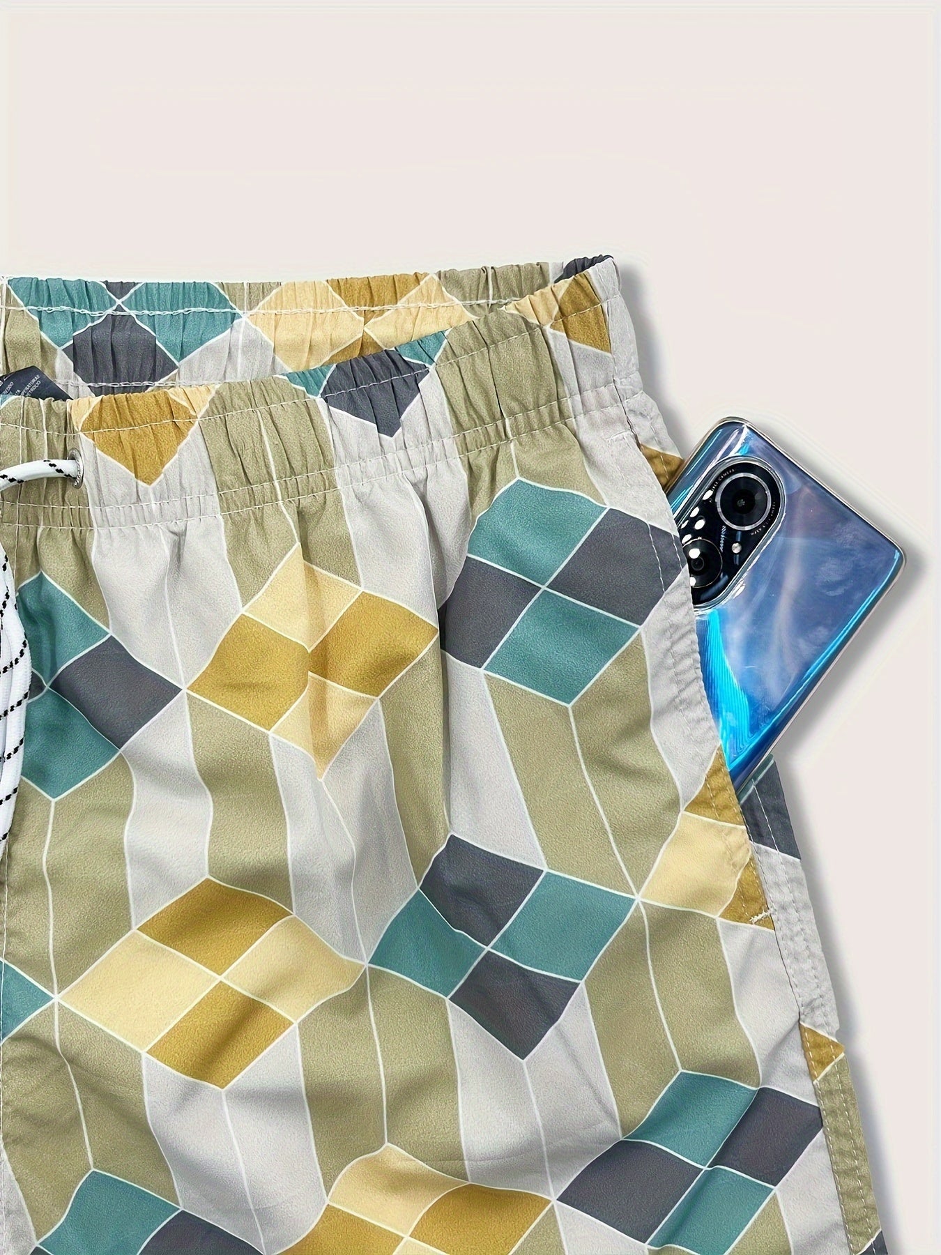 Men's Quick-Dry Swim Trunks with Geometric Pattern - Stylish Drawstring Beach Shorts, Polyester, Machine Washable, in Blue/White/Gray for Surfing & Water Sports