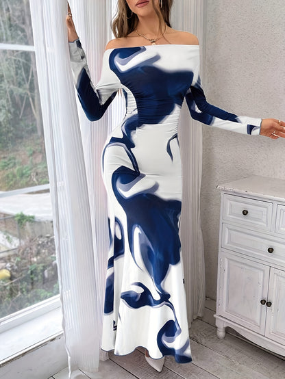 Elegant Off-Shoulder Camo Print Maxi Dress for Women - Chic Long Sleeve, Ruched Waist, Mermaid Silhouette, Polyester Blend, Perfect for Spring/Fall Events
