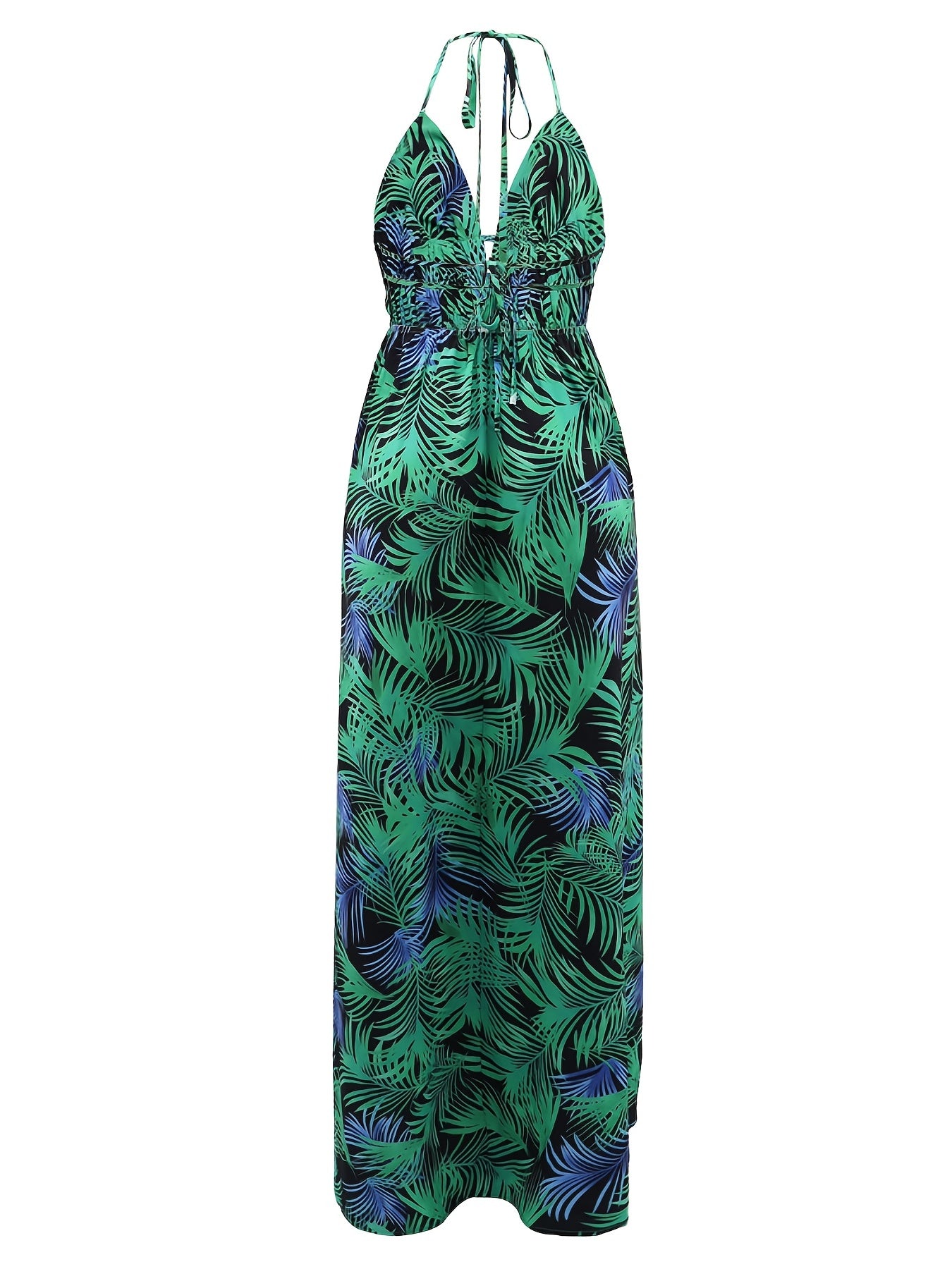 Vibrant Tropical Print Halter Neck Maxi Dress - Flattering Sleeveless Design, Perfect Vacation Essential for Women