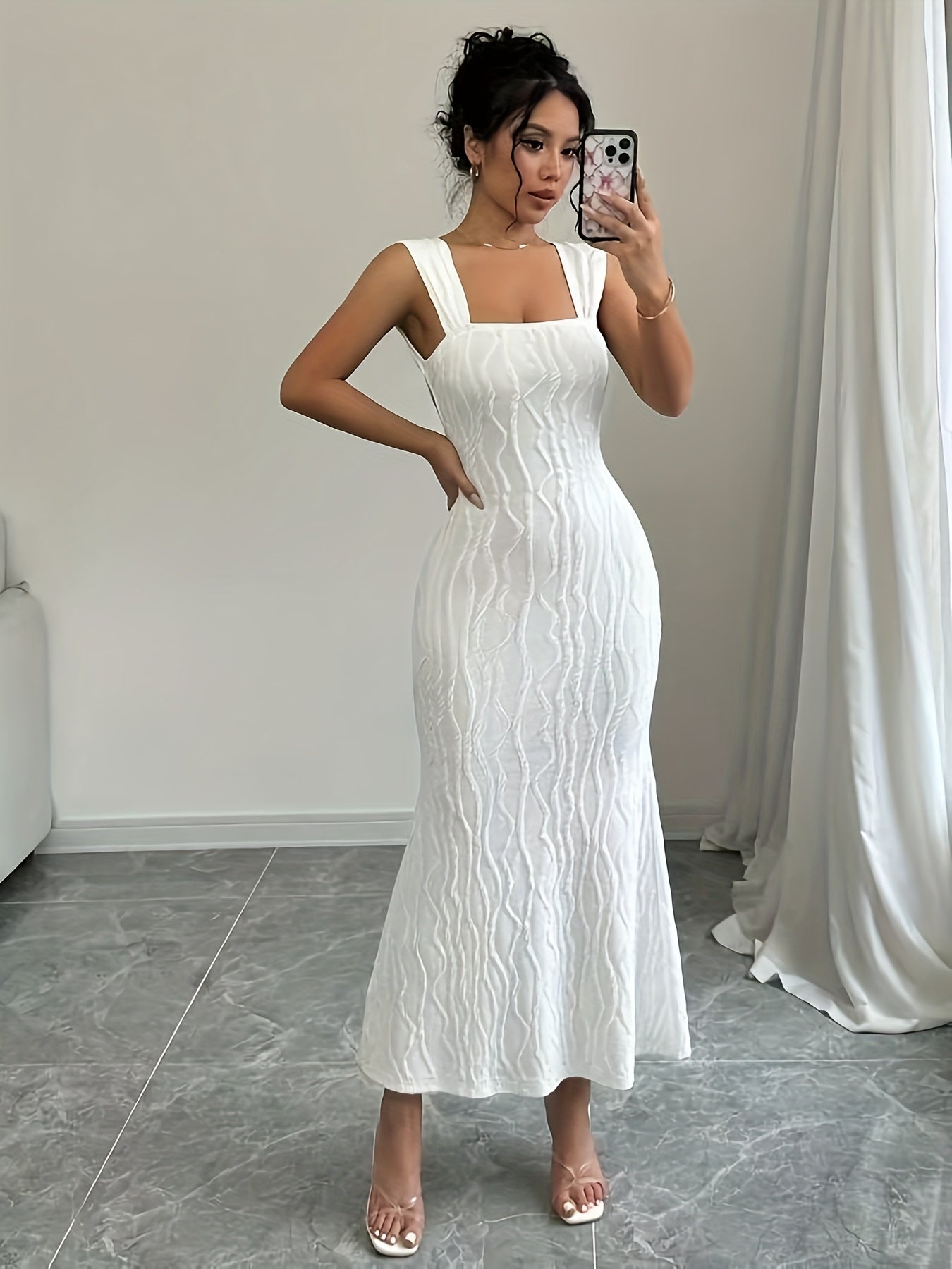 Elegant White Fishtail Hem Maxi Dress - Sleeveless Bodycon with Square Neckline & Backless Design, Stretchy Polyester Blend for Women, Perfect for Spring/Summer