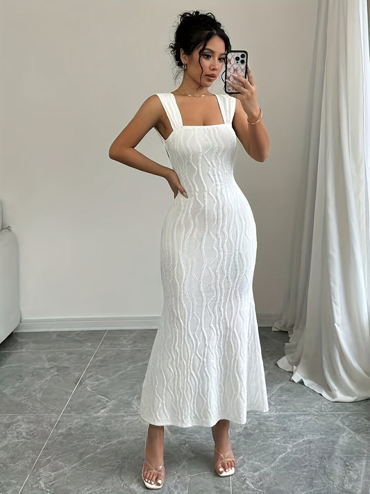 Elegant White Fishtail Hem Maxi Dress - Sleeveless Bodycon with Square Neckline & Backless Design, Stretchy Polyester Blend for Women, Perfect for Spring/Summer