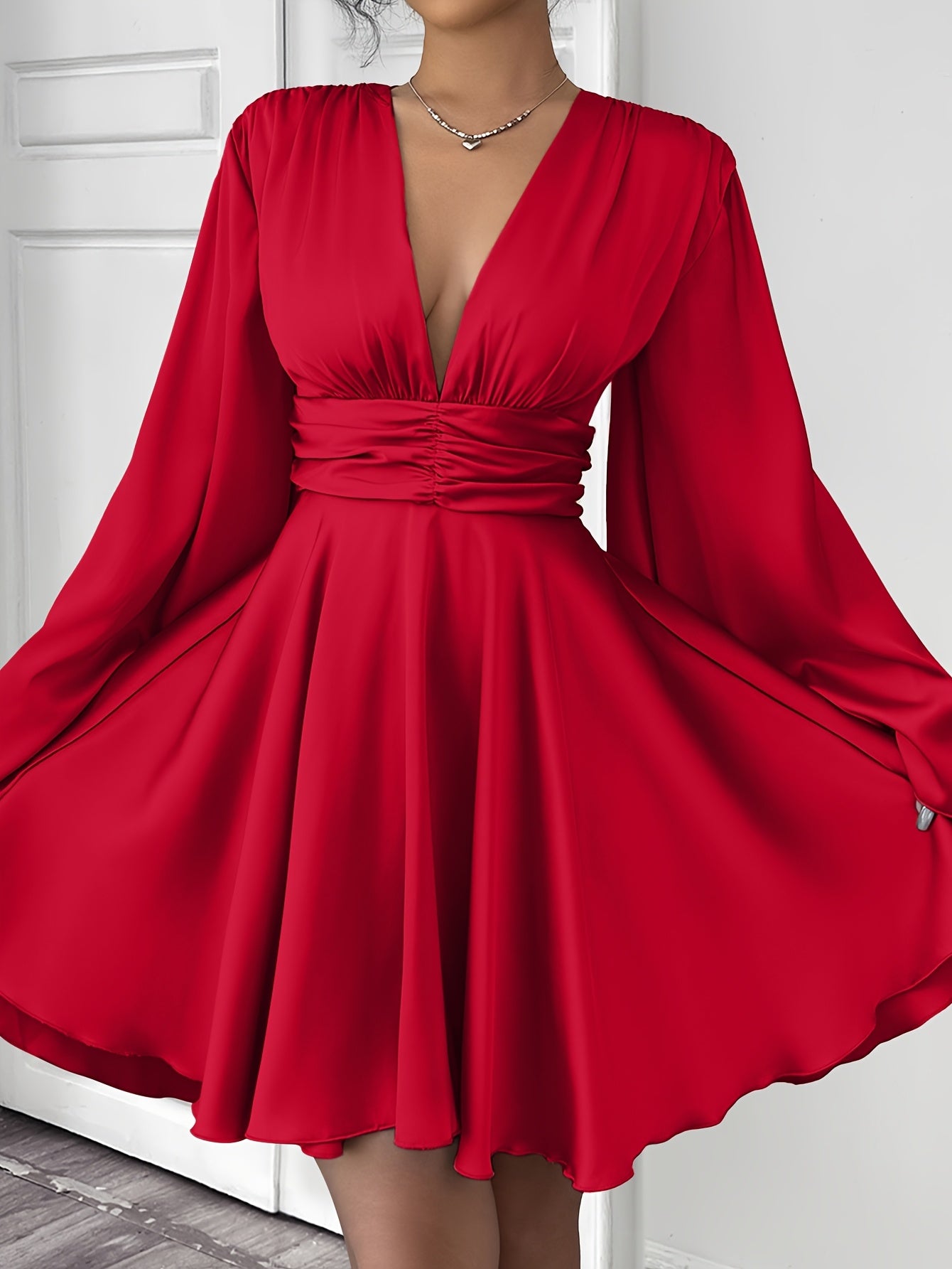 Women'S Elegant V-Neck Long Sleeve Pleated Mini Dress - Red, Ruched Bust, Deep Neckline, Fall Fashion, Casual to Formal Wear, Casual Dressing | Pleated Mini Dress | Ruched Detailing, Fall Dresses