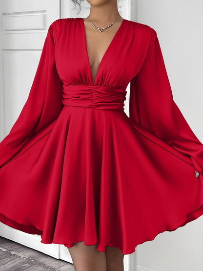 Women'S Elegant V-Neck Long Sleeve Pleated Mini Dress - Red, Ruched Bust, Deep Neckline, Fall Fashion, Casual to Formal Wear, Casual Dressing | Pleated Mini Dress | Ruched Detailing, Fall Dresses