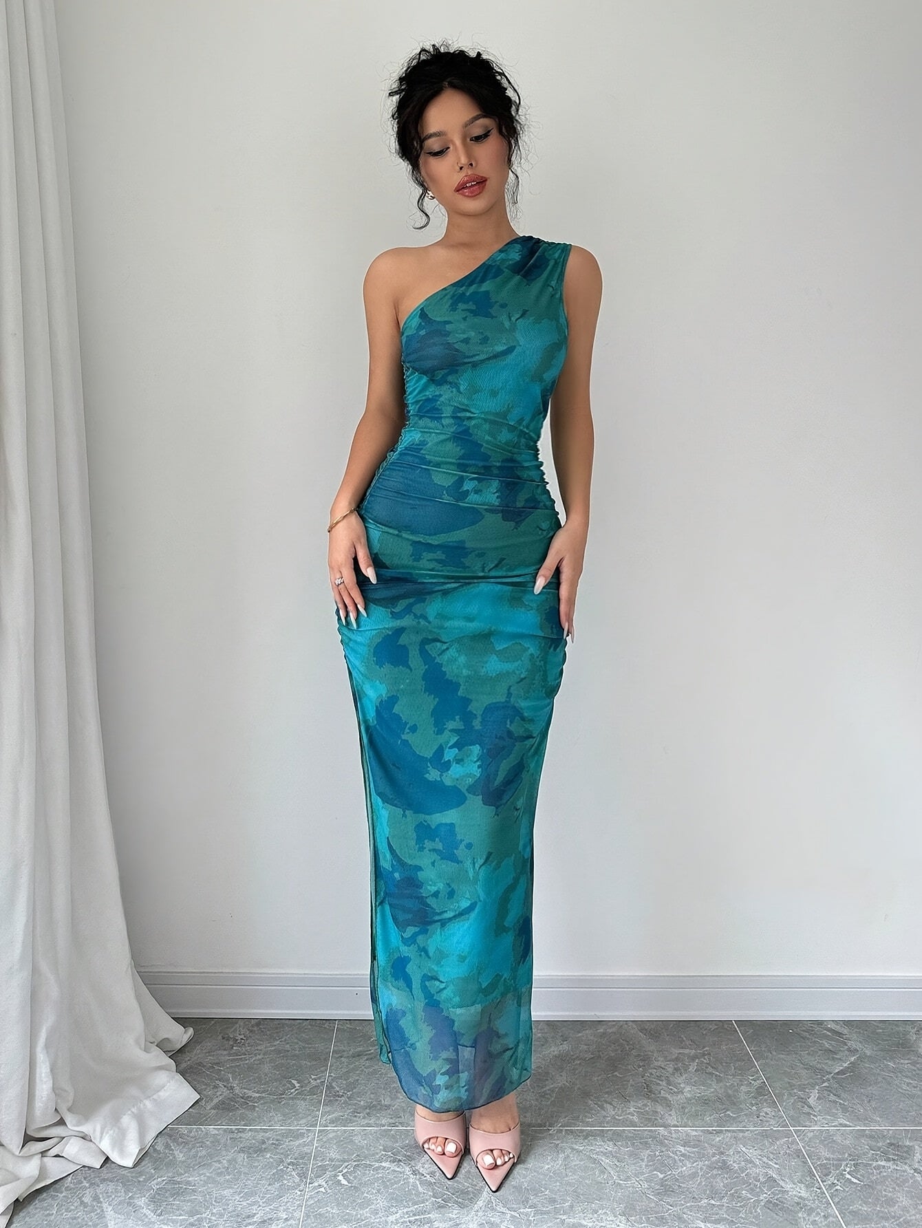 Elegant One-Shoulder Floral Print Sleeveless Maxi Dress with Side Slit - Teal Blue, Ruched Detail, High Stretch Polyester for Summer Formality, Floral Print Dress