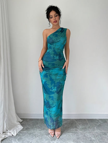 Elegant One-Shoulder Floral Print Sleeveless Maxi Dress with Side Slit - Teal Blue, Ruched Detail, High Stretch Polyester for Summer Formality, Floral Print Dress