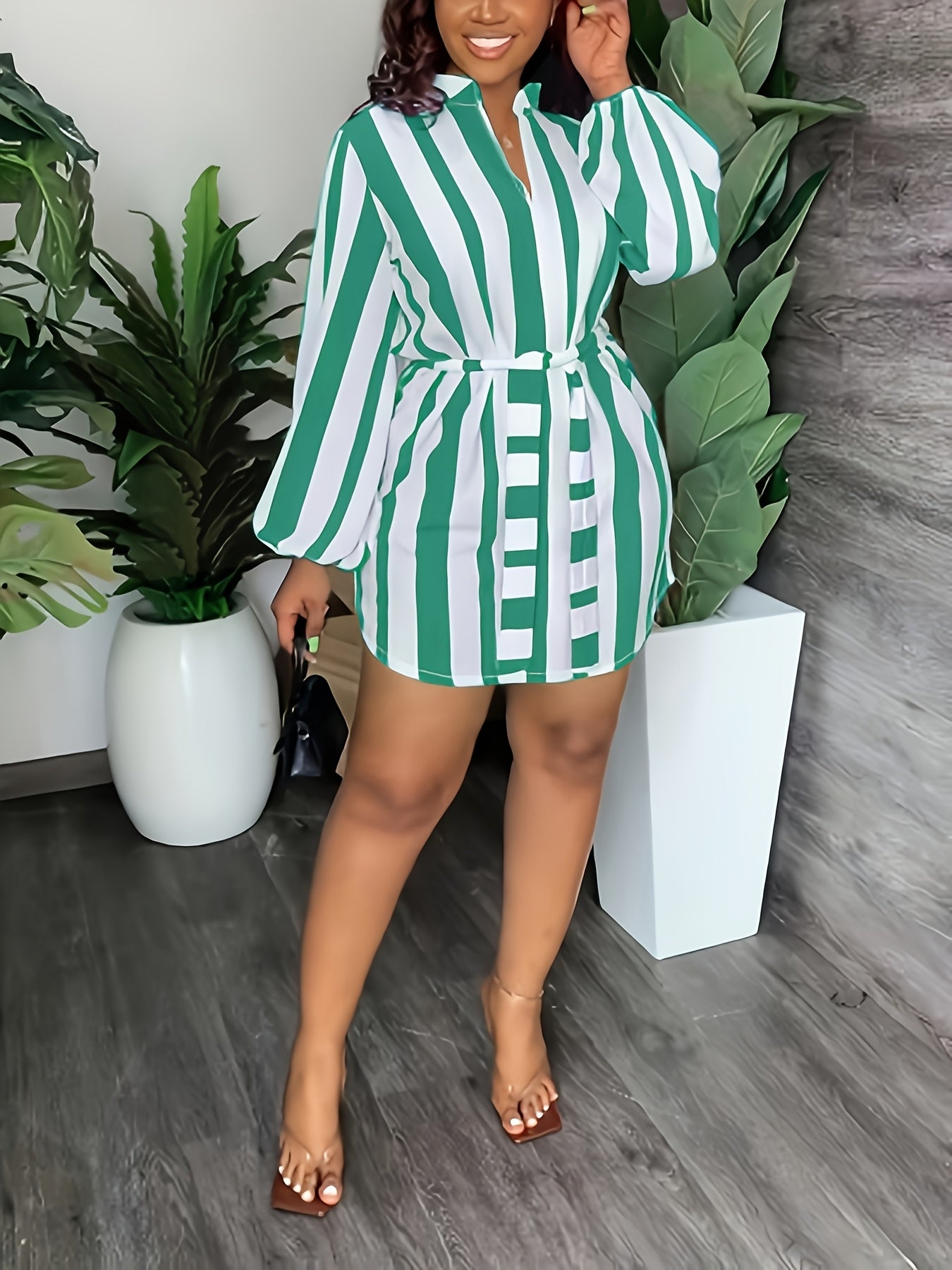 Chic Green & White Striped V-Neck Dress - Casual Long Sleeve A-Line Mini with Tie Waist Detail, Easy Care Polyester Blend, Perfect for Spring/Fall Fashion