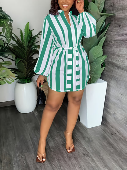 Chic Green & White Striped V-Neck Dress - Casual Long Sleeve A-Line Mini with Tie Waist Detail, Easy Care Polyester Blend, Perfect for Spring/Fall Fashion