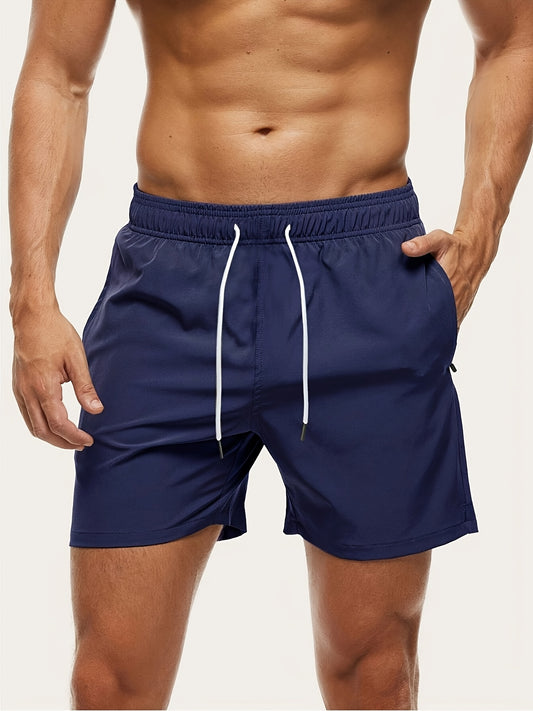 Men's Olive Green Swim Trunks with Zipper Pockets & Drawstring Waist - Polyester, Non-Stretch, Regular Fit, Glossy Finish, Hand Wash or Dry Clean