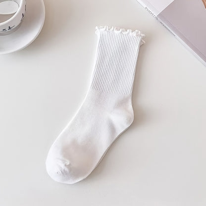 6 Pairs Women's Solid Color Mid-Calf Socks with Ruffled Trim - Soft Stackable Ribbed Texture, 6 Neutral Tones for Casual & Formal Outfits, Comfortable Casual Attire, Cute Socks, Elegant Sock Design