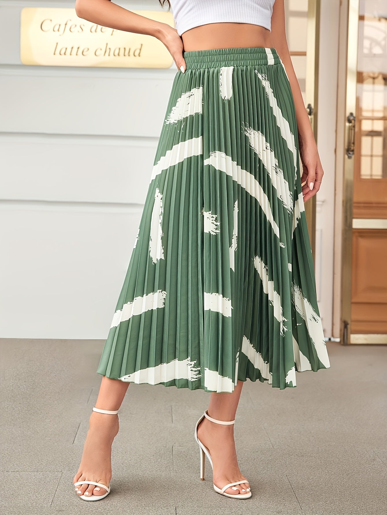 Women'S Elegant Flared Pleated Maxi Dress, All Over Print, Polyester, Regular Length, Loose Fit, for Spring, Summer, Fall