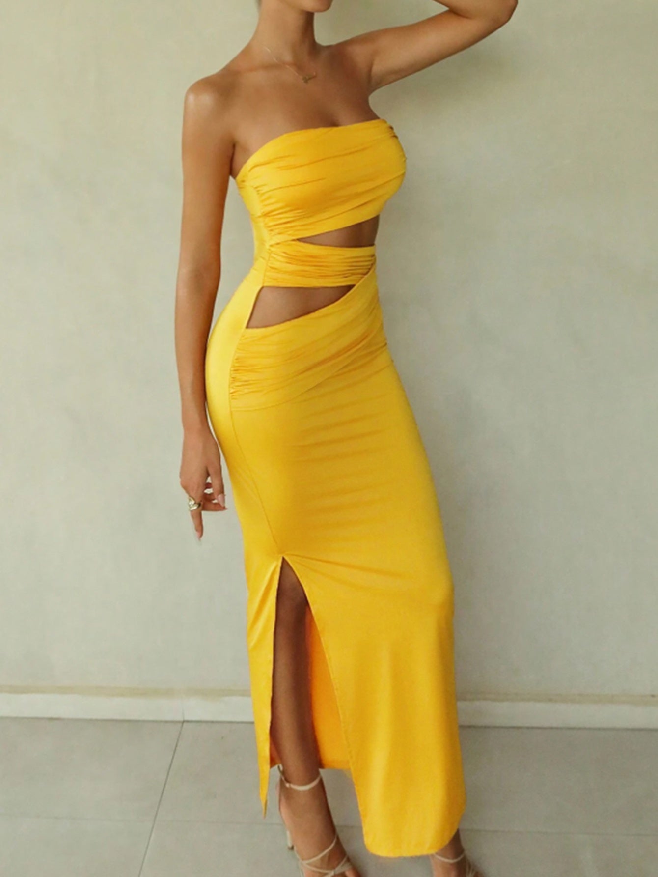 Sleeveless Off-Shoulder Maxi Dress for Women - Sexy Cutout Design, Bright Yellow, Perfect for Parties, Thanksgiving & Semi-Formal Occasions, Semiformal Attire | Halter Neck Dress | Side Cutouts