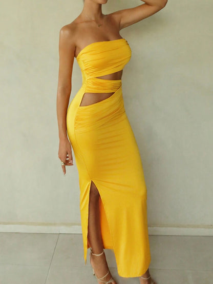 Sleeveless Off-Shoulder Maxi Dress for Women - Sexy Cutout Design, Bright Yellow, Perfect for Parties, Thanksgiving & Semi-Formal Occasions, Semiformal Attire | Halter Neck Dress | Side Cutouts