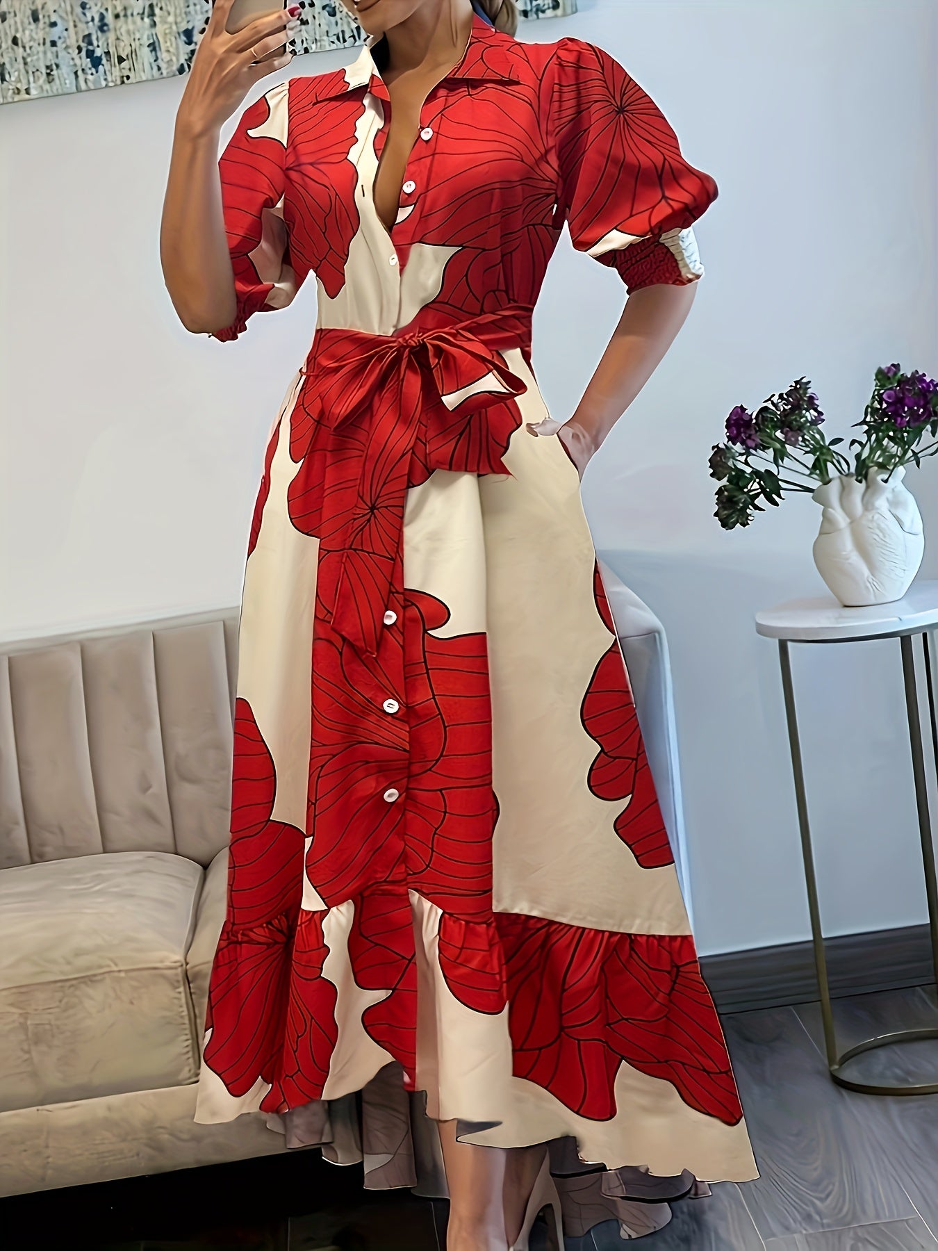 Print Maxi Dress with Tie Waist - Long Sleeve, Button-Up Collar, Machine Washable Polyester - Chic A-Line Silhouette for Spring/Summer/Fall Events, Spring Summer Dress|Elegant Floral Print Dress|Polyester Fabric