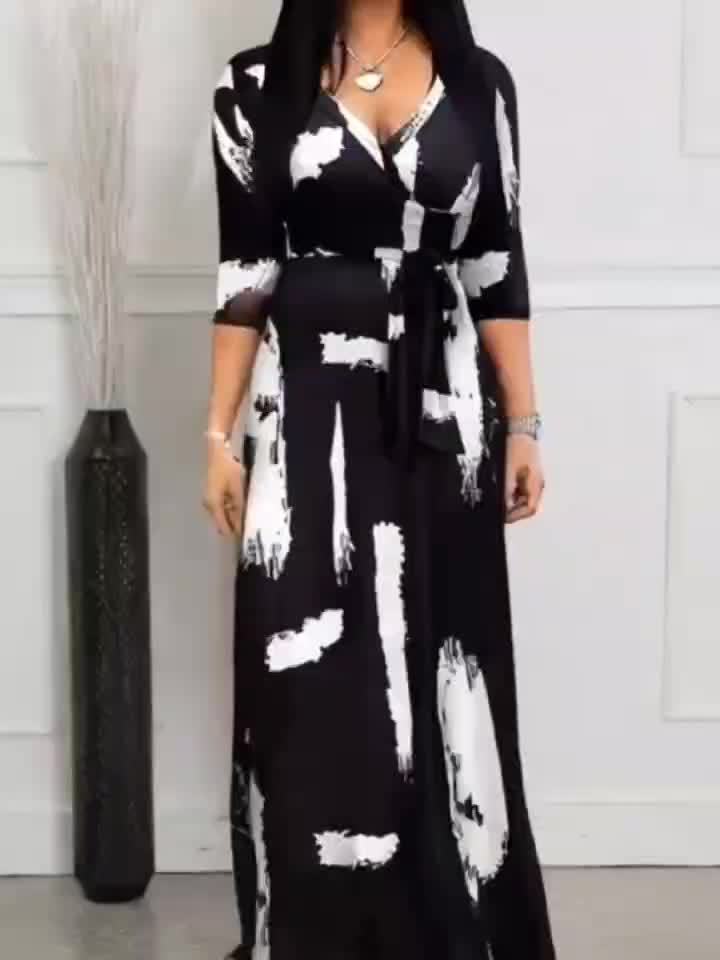 Elegant V-Neck Women's Maxi Dress with Belt - Mid-Sleeve, Printed Design, Machine Washable - Perfect for Spring & Summer