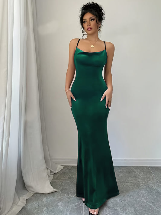 Elegant Red Velvet Cross-Back Cami Maxi Dress for Women - Sleeveless, Stretchy Pencil Skirt Style, Perfect for Spring & Summer, Chic Dress