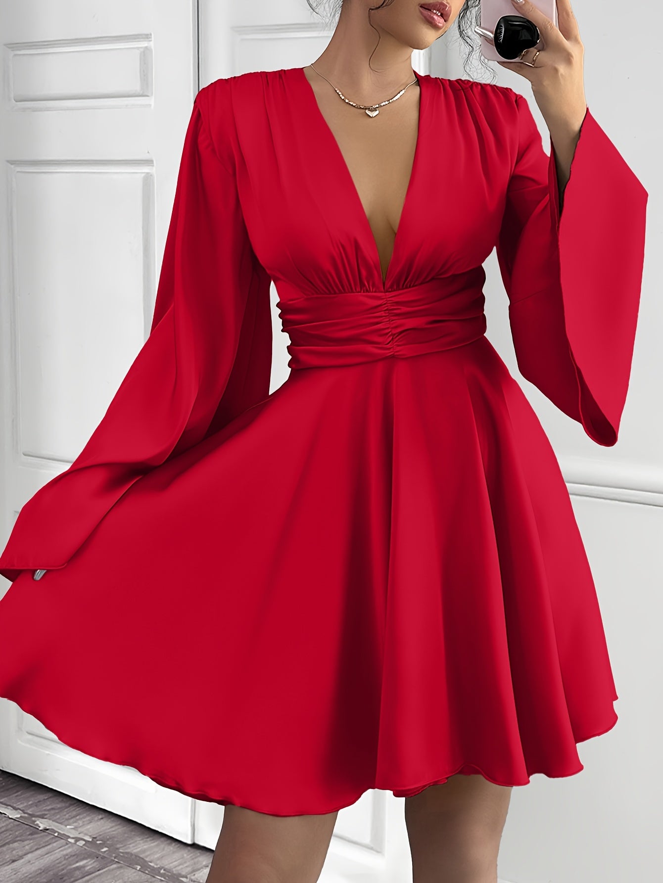 Women'S Elegant V-Neck Long Sleeve Pleated Mini Dress - Red, Ruched Bust, Deep Neckline, Fall Fashion, Casual to Formal Wear, Casual Dressing | Pleated Mini Dress | Ruched Detailing, Fall Dresses