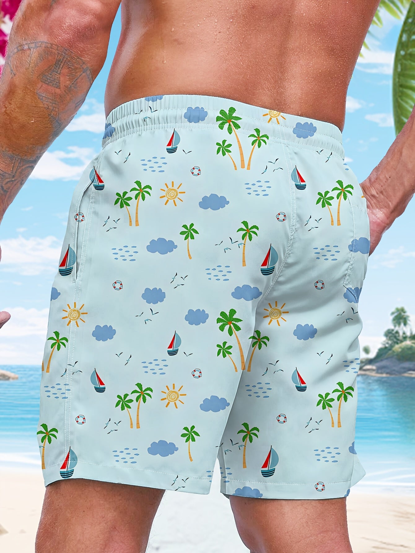 Men's Quick-Dry Swim Trunks with Pockets - Casual Beach Shorts, Lightweight Polyester, Tropical and Nautical Print, Drawstring Waist