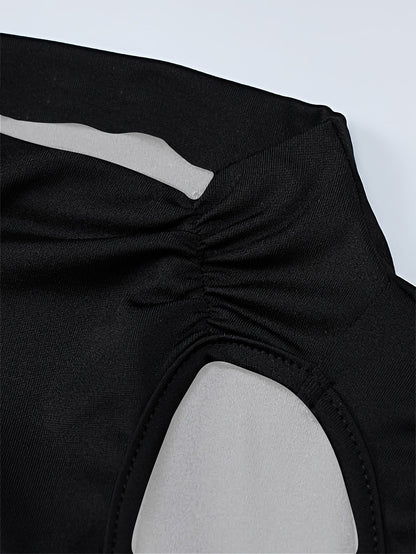 Women'S Mini Bodycon Sheath Dress, Solid Color, Stand Collar, Long Sleeve, Straight Hem, Contrast Mesh, Polyester, for Spring/Summer
