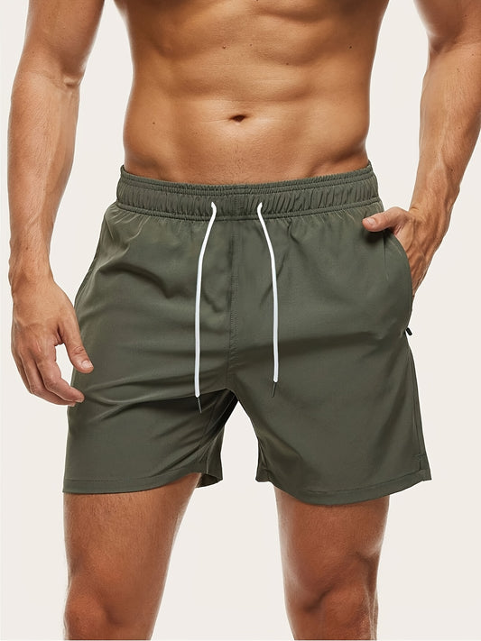 Men's Olive Green Swim Trunks with Zipper Pockets & Drawstring Waist - Polyester, Non-Stretch, Regular Fit, Glossy Finish, Hand Wash or Dry Clean