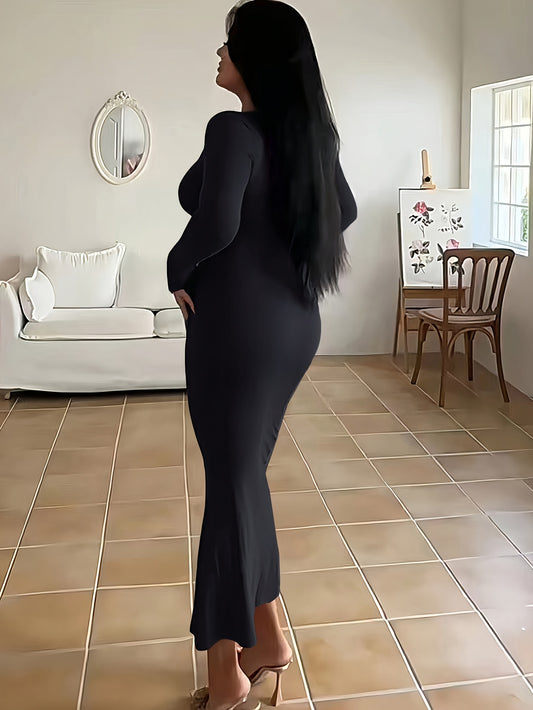 Solid Slim Maxi Dress, Casual Long Sleeve Dress, Women's Clothing