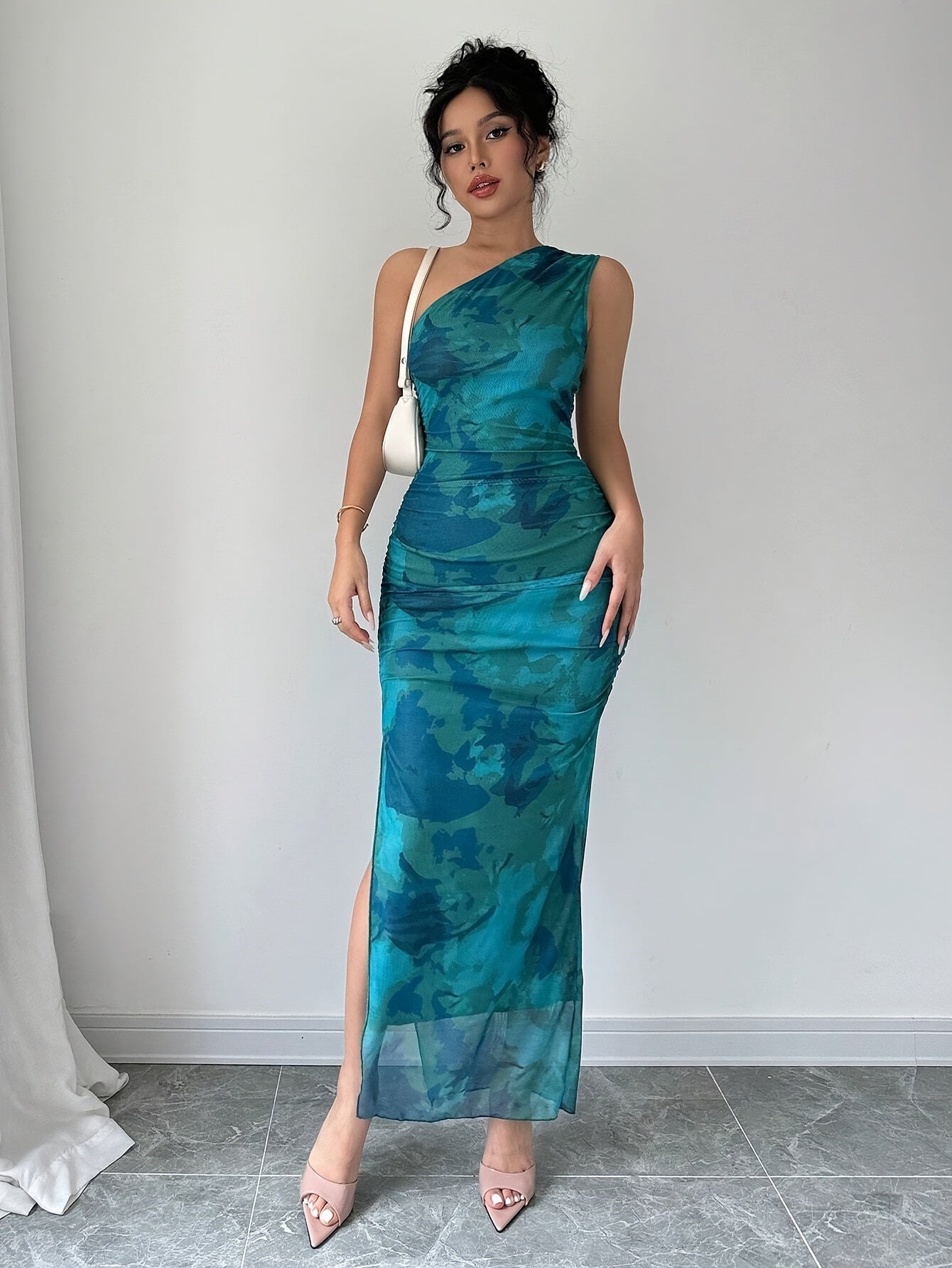 Elegant One-Shoulder Floral Print Sleeveless Maxi Dress with Side Slit - Teal Blue, Ruched Detail, High Stretch Polyester for Summer Formality, Floral Print Dress