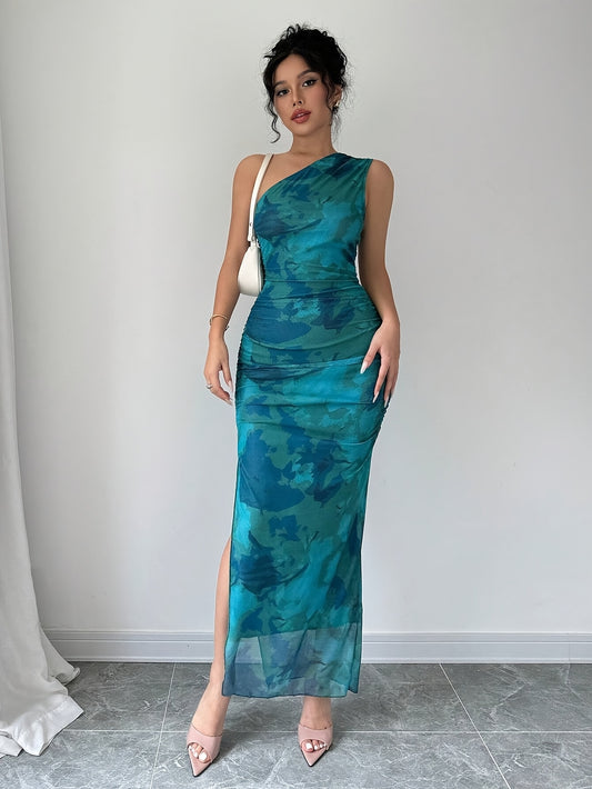 Elegant One-Shoulder Floral Print Sleeveless Maxi Dress with Side Slit - Teal Blue, Ruched Detail, High Stretch Polyester for Summer Formality, Floral Print Dress