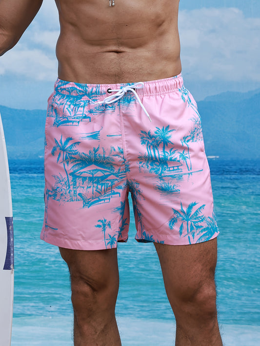 Men'S Pink Beach Shorts with Tropical Palm Print - Non-Stretch Polyester, Lightweight, Regular Fit, Pockets, Vacation Style, Beach Attire|Tropical Print Shorts|Lightweight Shorts
