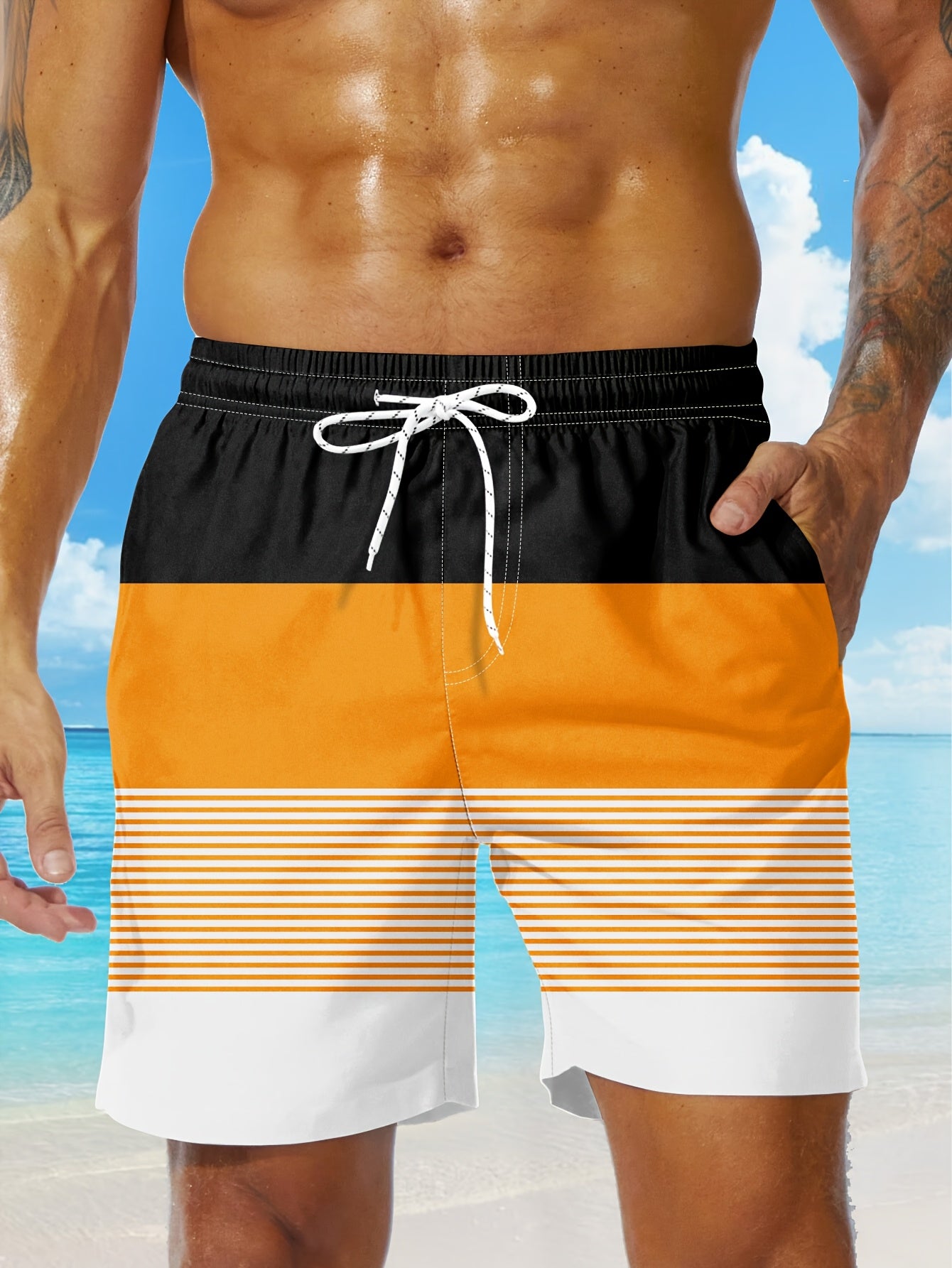 Men'S Fashion Drawstring Beach Shorts with Pockets - Casual Striped & Solid Color Block Design, Non-Stretch Fabric, Perfect for Pool Parties & Vacation