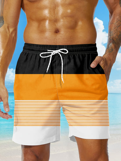 Men'S Fashion Drawstring Beach Shorts with Pockets - Casual Striped & Solid Color Block Design, Non-Stretch Fabric, Perfect for Pool Parties & Vacation