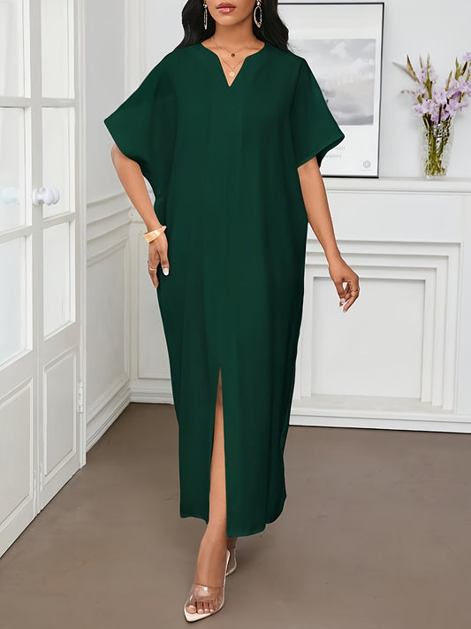 [Elegant Red Kaftan Dress] Short Sleeve Red Elegant Kaftan Dress - Loose Fit, Solid Color Maxi Length with Side Slit, Machine Washable Polyester - Ideal for Spring/Summer Events