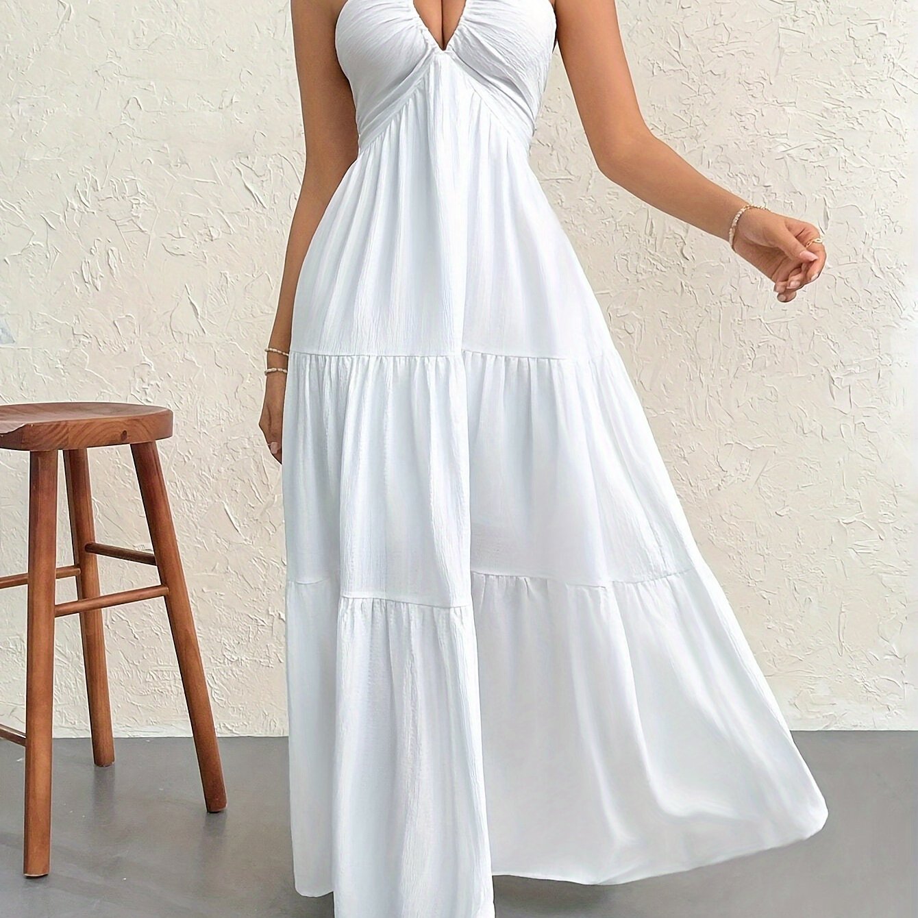 Elegant Ruffled Hem A-Line Maxi Dress - Women's Clothing - Halter Neck, Tie Back, Cut Out, Solid Color, Formal, Chic, and Sophisticated - Perfect for Wedding, Party, or Special Occasion
