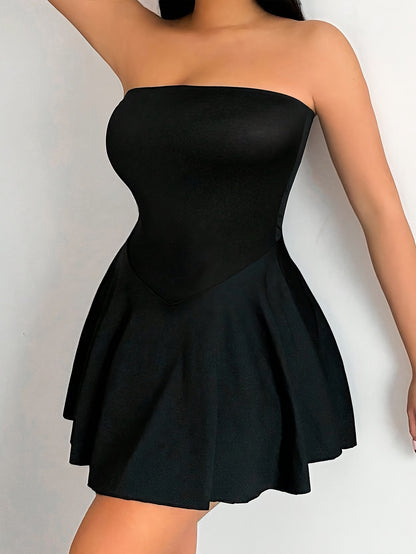 Women's Elegant Strapless Bodycon Mini Dress - Form-Fitting Top & Flowy Skirt, Stretchy Machine-Washable Black Dress for Spring/Summer, Party or Casual Outfits, Party Attire | Flared Skirt Style | Medium Elasticity