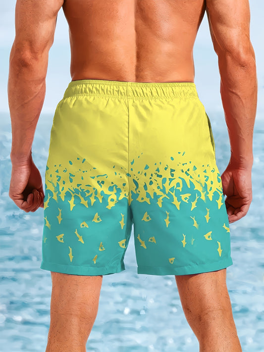 Men'S Beach Shorts Featuring a Colorful 3D Print Design of a Small Shark, Quick-Drying Drawstring Swim Trunks Suitable for Summer Outdoor Activities, Beach Vacations, Swimming, And Surfing (Middle East).
