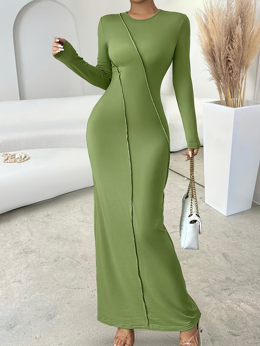 Elegant Green Long Sleeve Maxi Dress for Women - Slim Fit, Crew Neck with Zipper Detail, Stretch Polyester Fabric, Perfect for Fall, Machine Washable