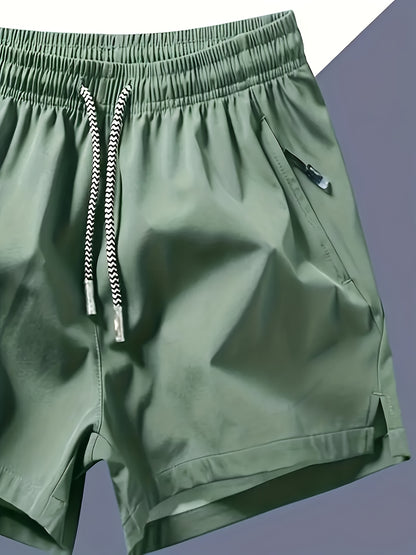 Men's Quick-Dry Athletic Shorts - Lightweight, Loose Fit with Zipper Pockets, Drawstring Waist, Solid Black Polyester Blend, Ideal for Beach & Casual Wear