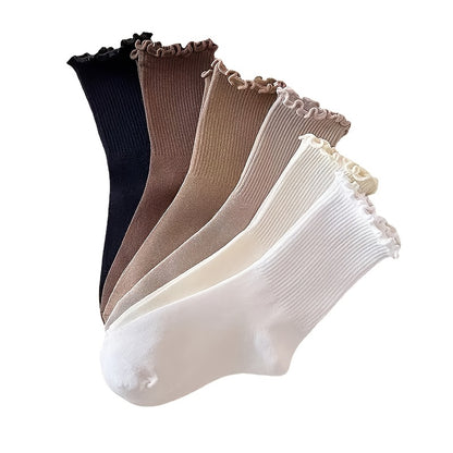6 Pairs Women's Solid Color Mid-Calf Socks with Ruffled Trim - Soft Stackable Ribbed Texture, 6 Neutral Tones for Casual & Formal Outfits, Comfortable Casual Attire, Cute Socks, Elegant Sock Design