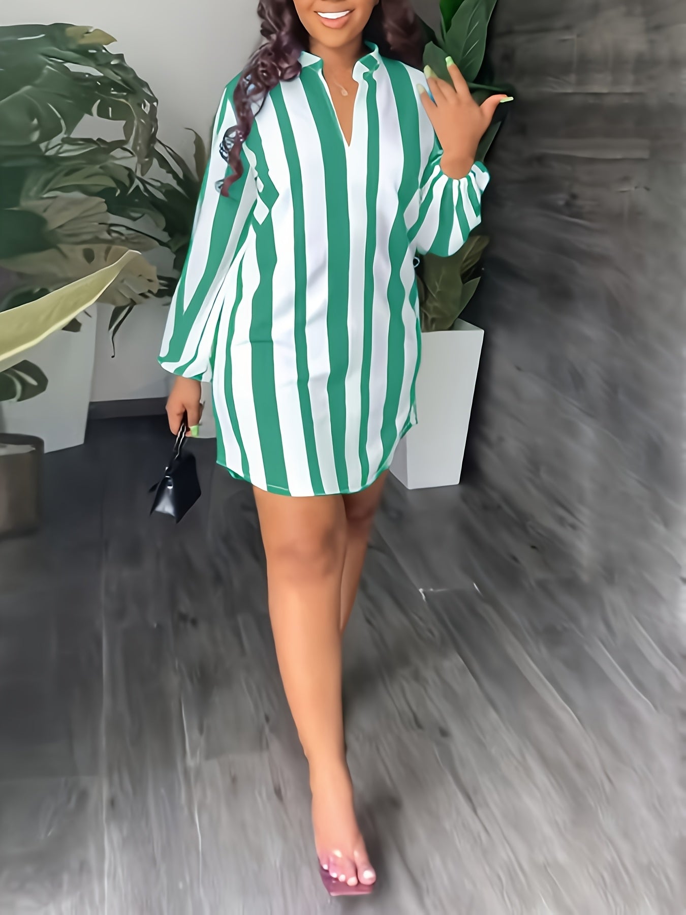 Chic Green & White Striped V-Neck Dress - Casual Long Sleeve A-Line Mini with Tie Waist Detail, Easy Care Polyester Blend, Perfect for Spring/Fall Fashion