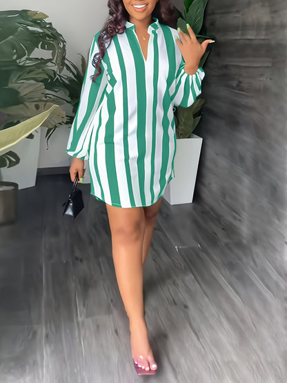Chic Green & White Striped V-Neck Dress - Casual Long Sleeve A-Line Mini with Tie Waist Detail, Easy Care Polyester Blend, Perfect for Spring/Fall Fashion