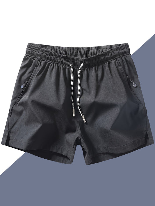 Men's Quick-Dry Athletic Shorts - Lightweight, Loose Fit with Zipper Pockets, Drawstring Waist, Solid Black Polyester Blend, Ideal for Beach & Casual Wear