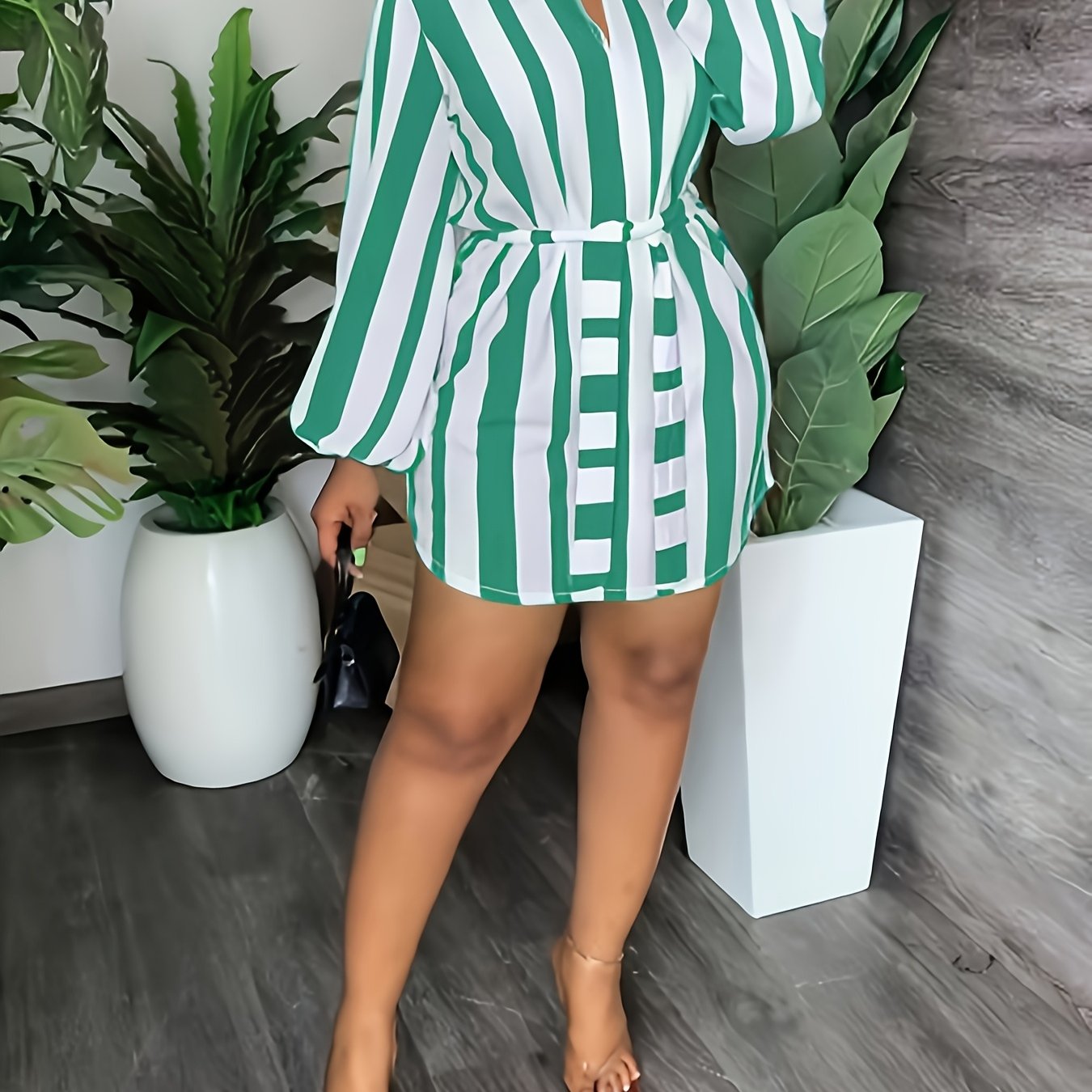 Chic Green & White Striped V-Neck Dress - Casual Long Sleeve A-Line Mini with Tie Waist Detail, Easy Care Polyester Blend, Perfect for Spring/Fall Fashion