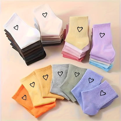 10 Pairs of Mixed Color Colorful Love Couple Short Socks-JM-Couple Cute Simple, Breathable, Fashionable and Versatile, Heart Pattern Socks