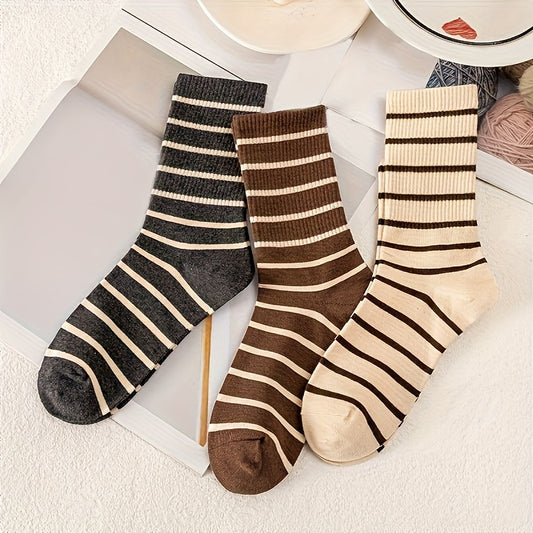 Comfortable 5pcs Mid-Calf Striped Socks - Breathable Polyester/Nylon Blend, Machine Washable