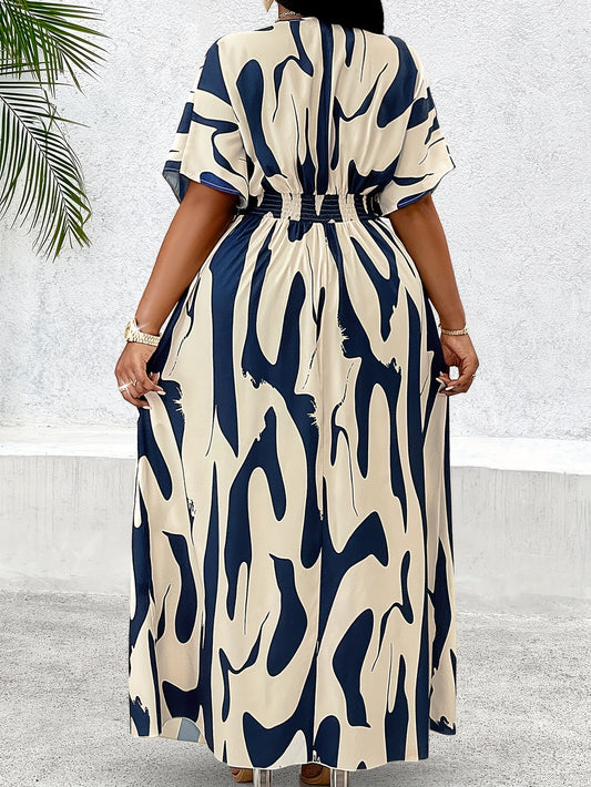 [Plus Size Maxi Dress] Plus Size V-Neck Elegant Maxi Dress for Women | Chic Geometric Pattern, Short Sleeve, Non-Stretch Polyester, Perfect for Fall, Casual Outing Attire